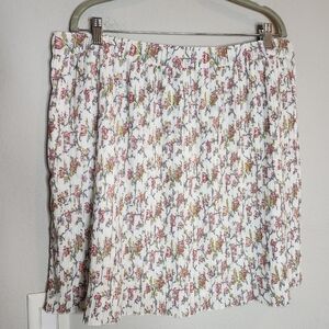 Ann Taylor Loft Floral Pleated Skirt Pull-On Stretch Waist Size XL White Pink